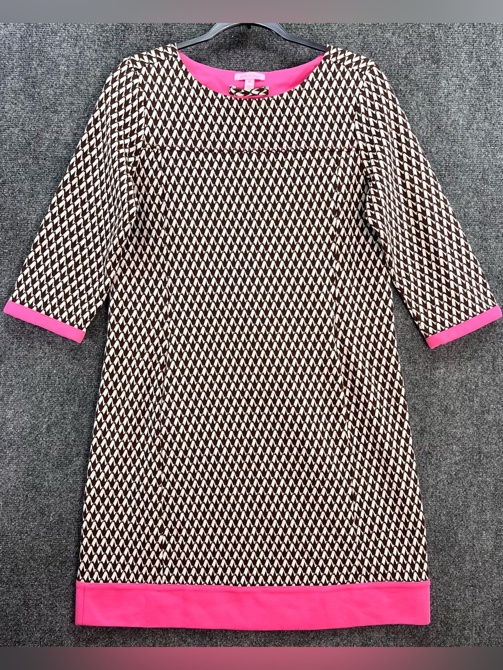 Lilly Pulitzer Dress Medium Brown/White/Pink Geometric Pattern Pockets 3/4 Sleev